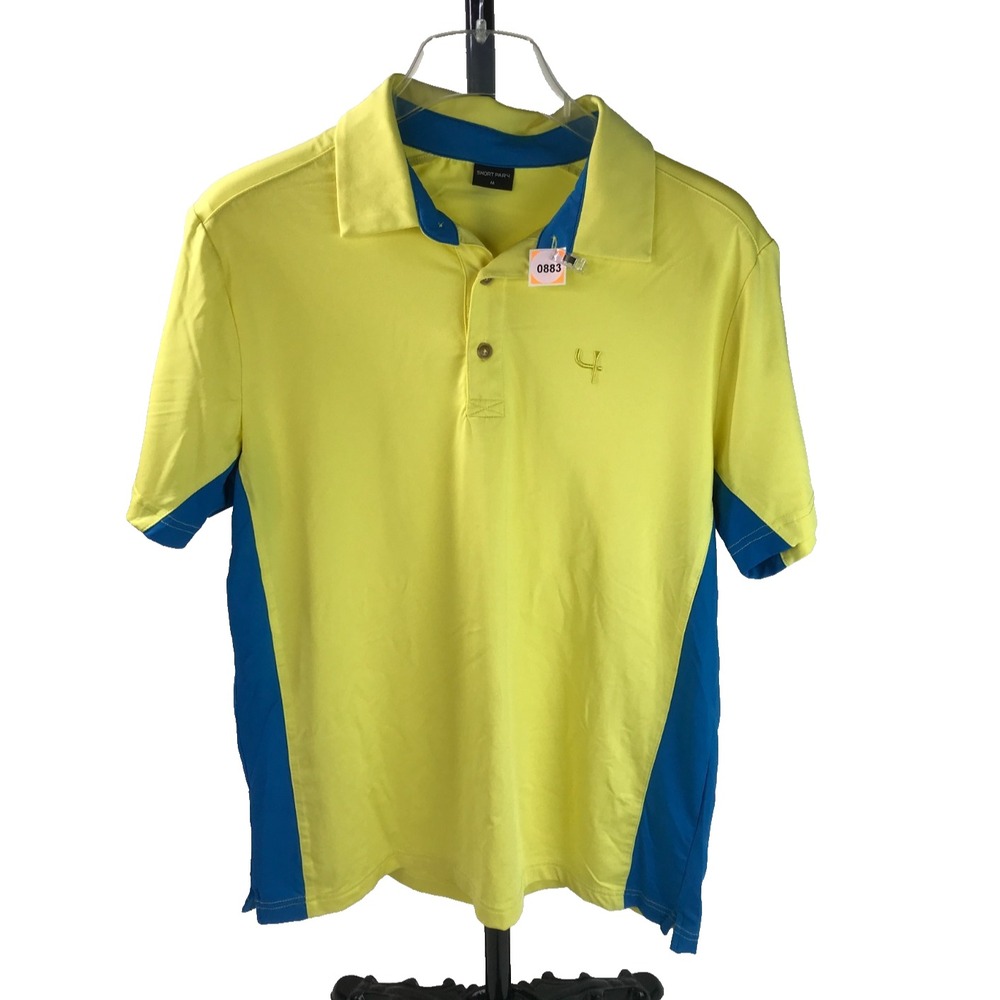 Short Par 4 Performance Golf Polo Shirt Short Sleeve Yellow Blue Mens Medium